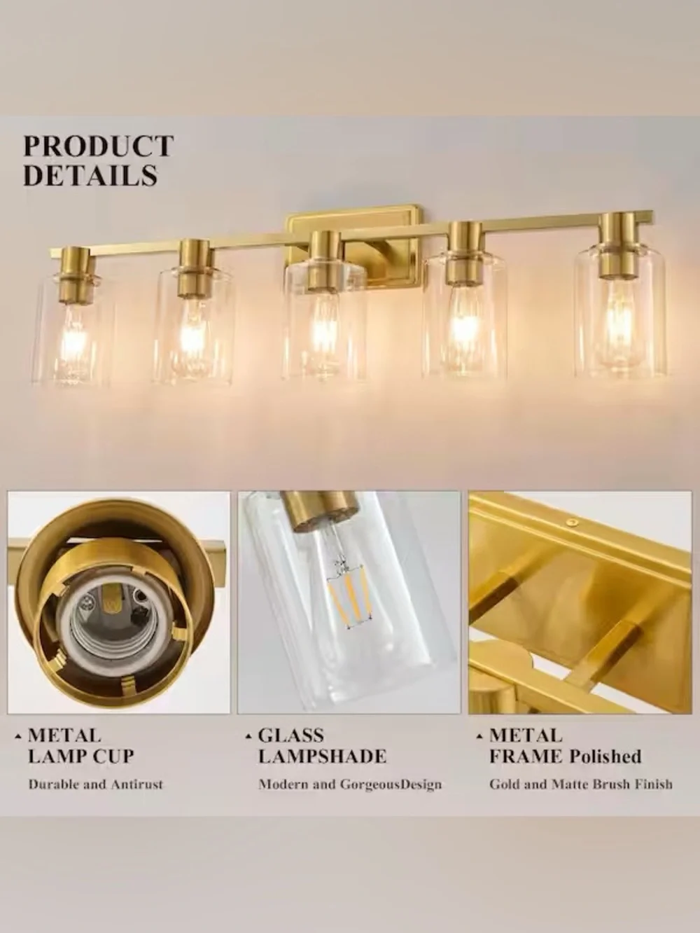 Gold Finish 5-Light Vanity Wall Sconce - Modern Glass Shade Bathroom Lighting